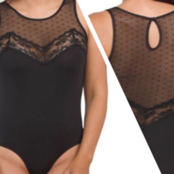 Vince Camuto New Womens Size M Black Mesh Lace Polka Dot Bodysuit Velvet Trim - Picture 1 of 4